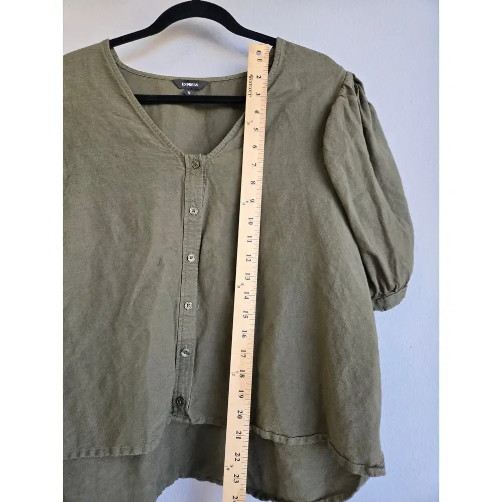 Express Olive Green Linen Blend Puff Sleeve V-Neck Blouse Size XL